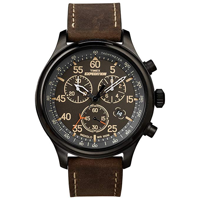 Timex Men’s T49905 Expedition Rugged Field Chronograph Black/Brown Leather Strap Watch